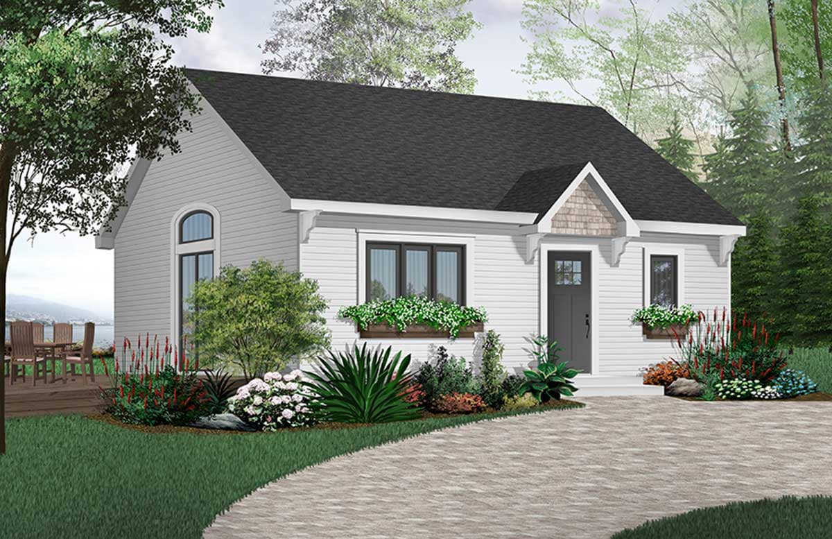 House plan exterior. One-story Cottage style with gabled roof, arched window, and front door with small gable detail.
