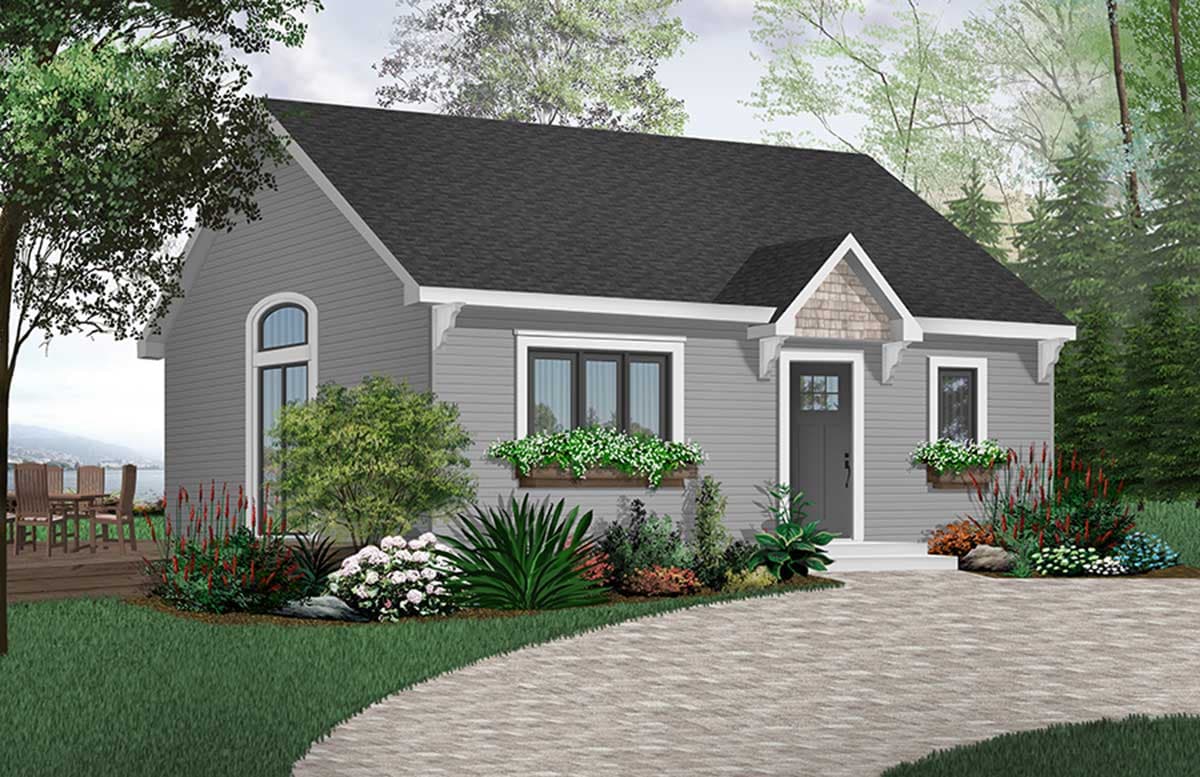 House plan exterior: Modern Farmhouse style, one story, with arched window, window boxes, and decorative gable.