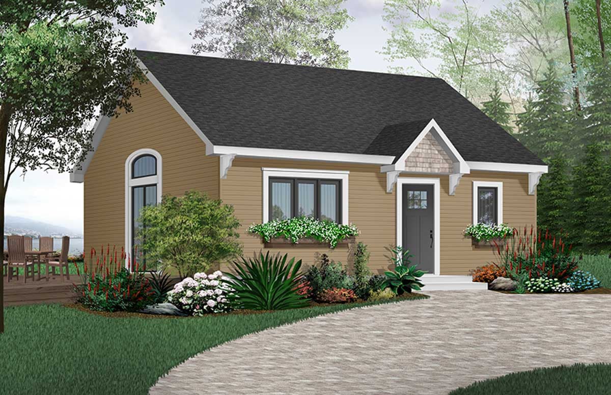 House plan exterior: One-story cottage with arched window, gabled entrance with decorative trim, and window boxes.