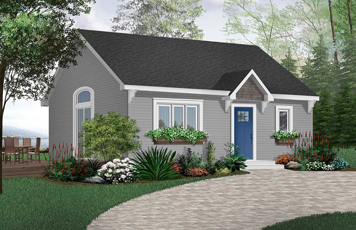 House plan exterior: One-story cottage with arched window, front door, window boxes, and gabled roof.