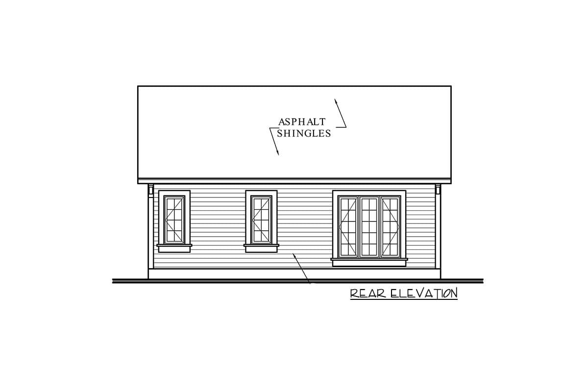Rear elevation of a house plan showing clapboard siding, two casement windows, and French doors.