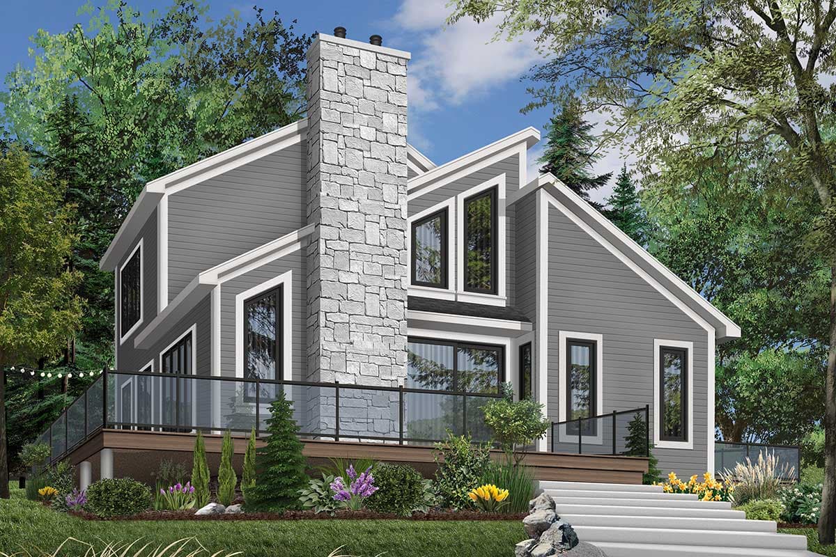 House plan exterior: Modern design with stone chimney, multiple gables, and a large deck with glass railings.