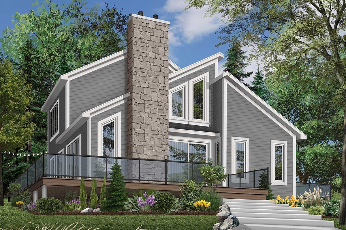 House plan exterior with a prominent stone chimney, angled rooflines, and a wraparound deck with glass railings.