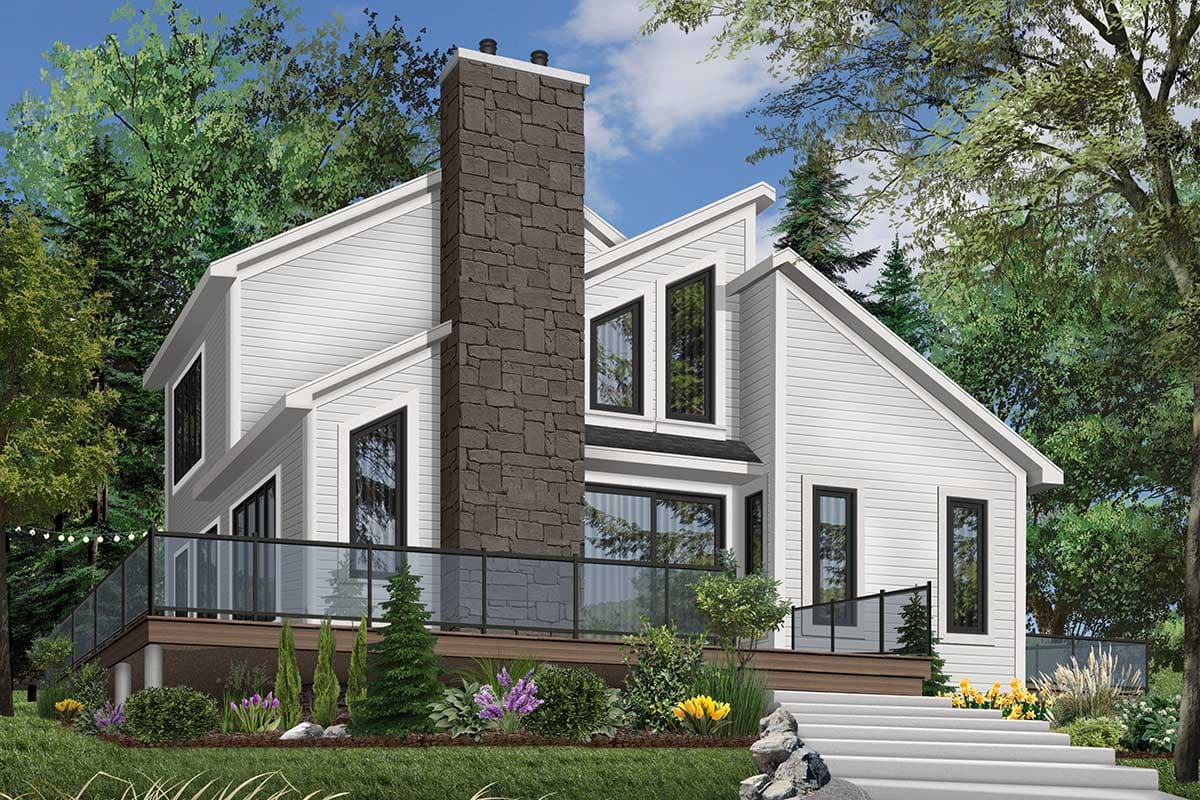 House plan exterior: Modern style home with stone chimney, angled rooflines, large windows, and a wrap-around deck with glass railings.