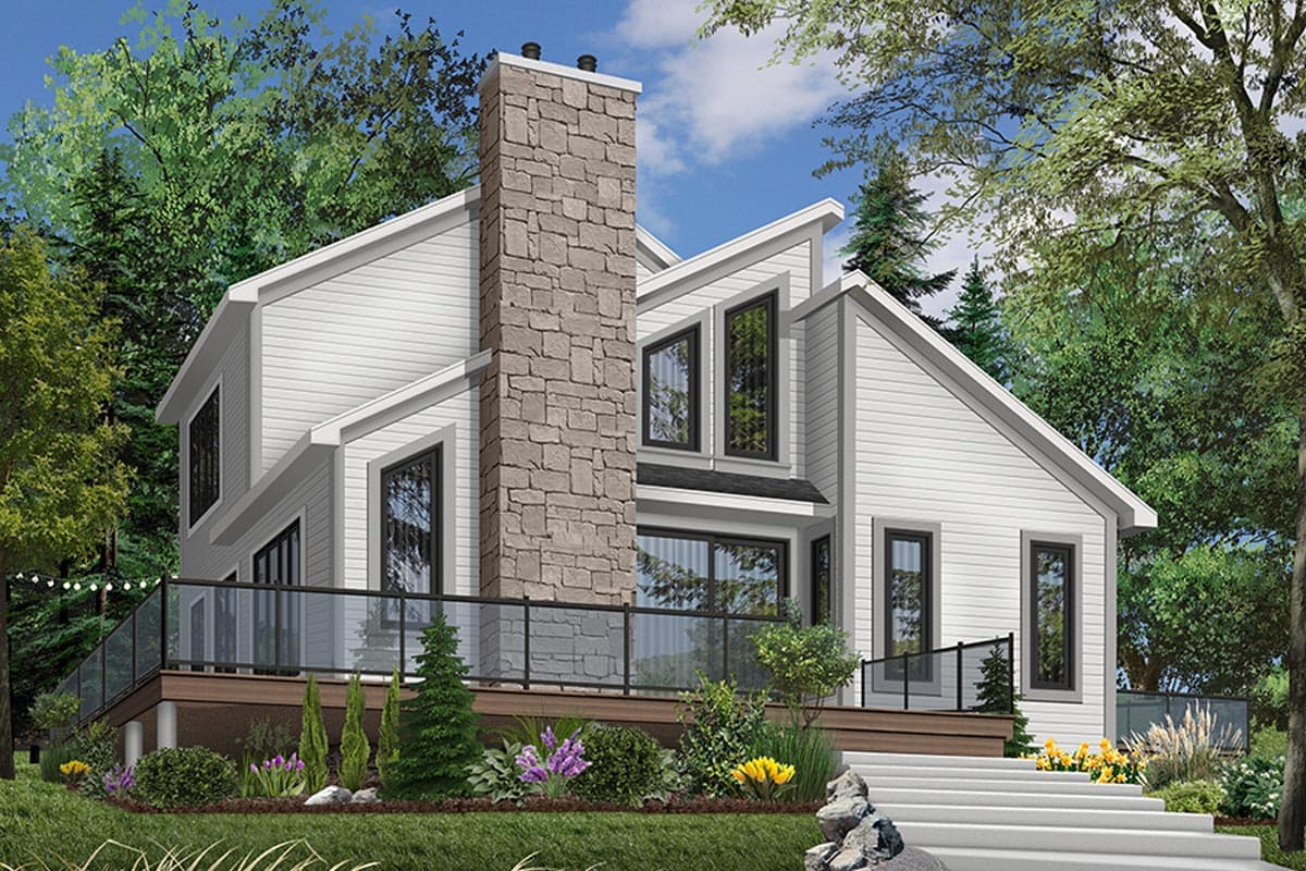 House plan exterior with two stories, gabled roof, stone chimney, and glass-paneled deck railing.