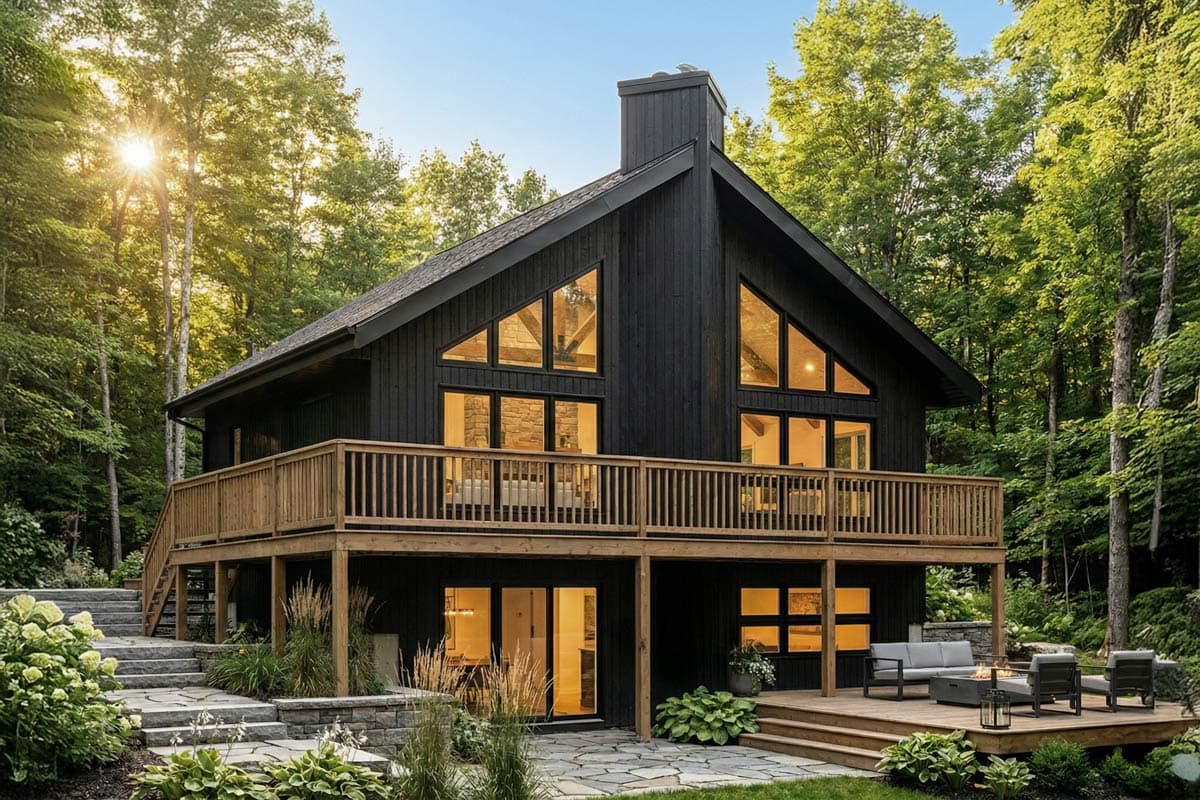 Modern chalet house plan exterior with dark wood siding, a large wrap-around deck, and triangular gable windows.