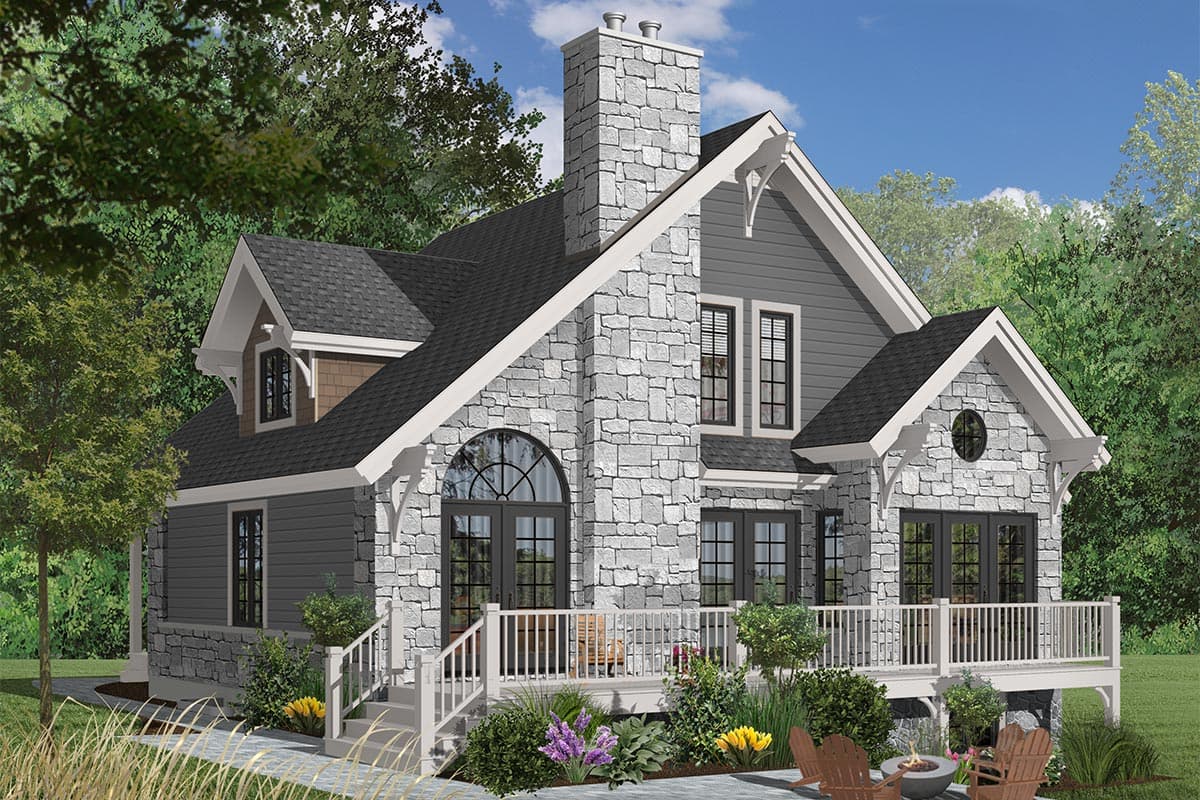 House plan exterior with stone veneer, gabled roof, and a covered porch. Features include a stone chimney and dormer with arched window.