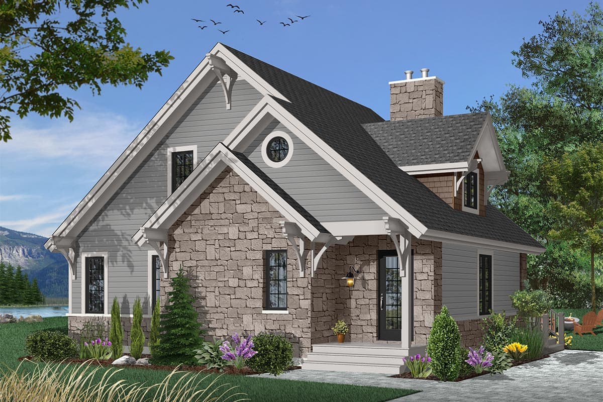 House plan exterior: two-story home with stone foundation, gabled dormers, circular attic window, and covered entry.
