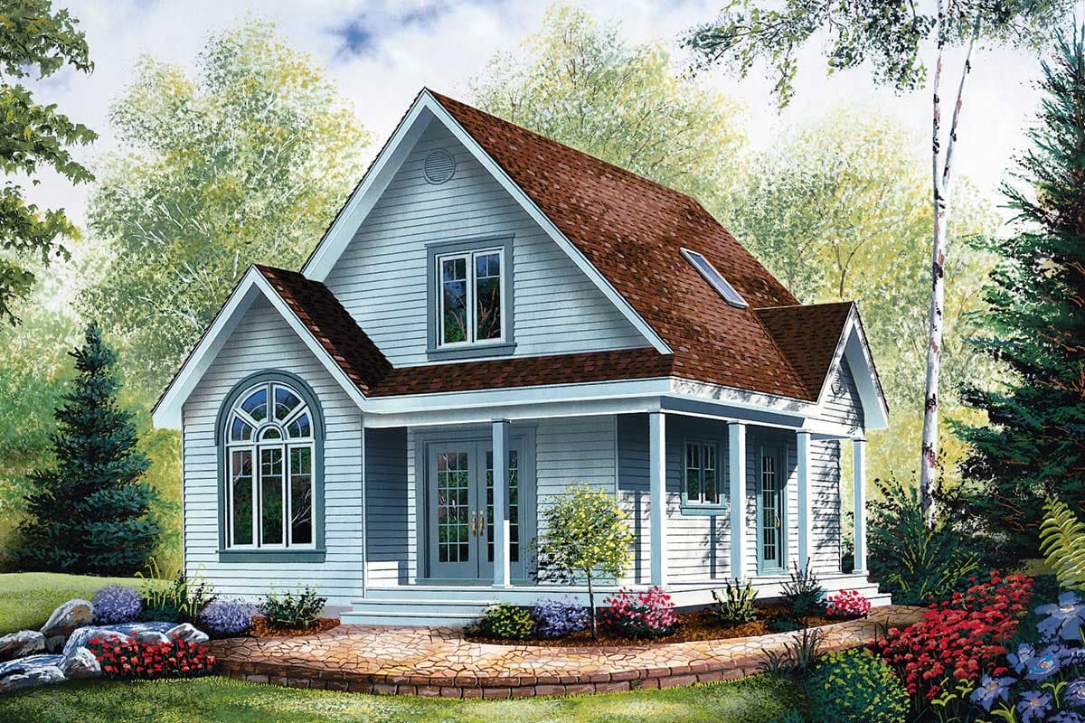 House plan exterior: Two-story house with gabled dormers, arched window, front porch, and asphalt shingle roof.