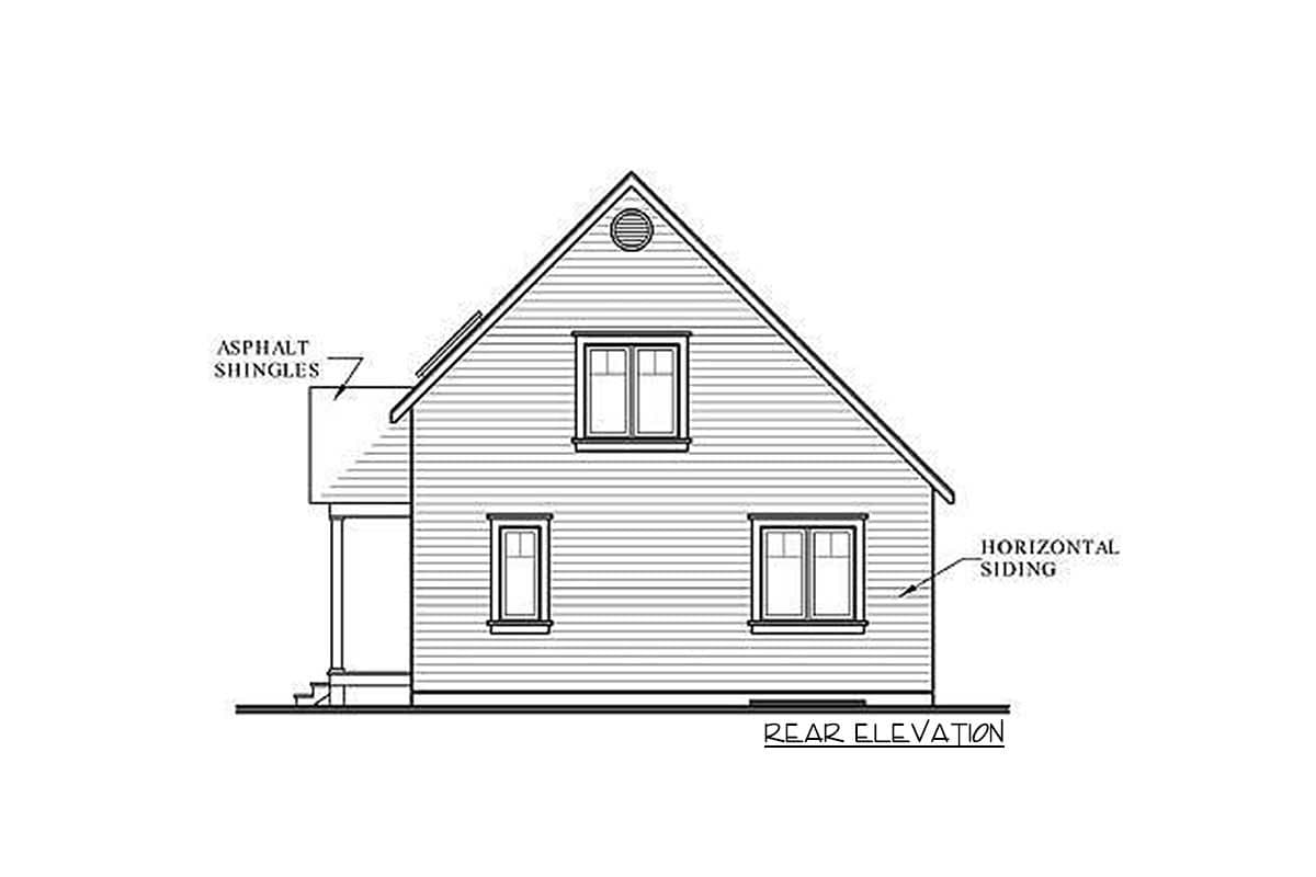Rear elevation house plan drawing shows horizontal siding, asphalt shingles, a covered porch, and multiple windows.