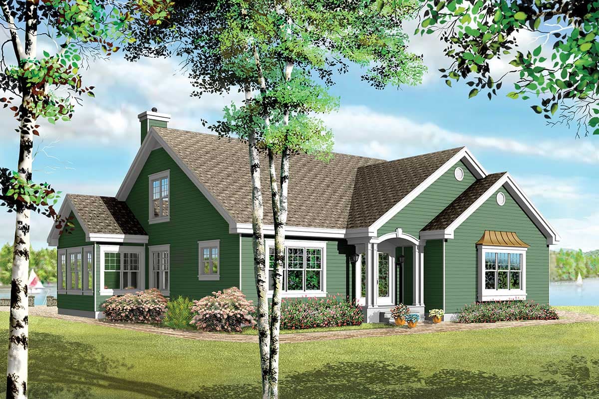 House plan exterior: One-story Modern Farmhouse with gabled dormers, covered entry porch, and bay window.