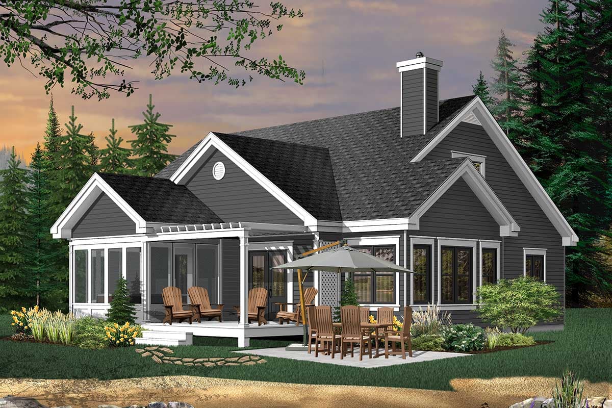 House plan exterior: Ranch style, one story with gabled dormers, screened porch, and patio.