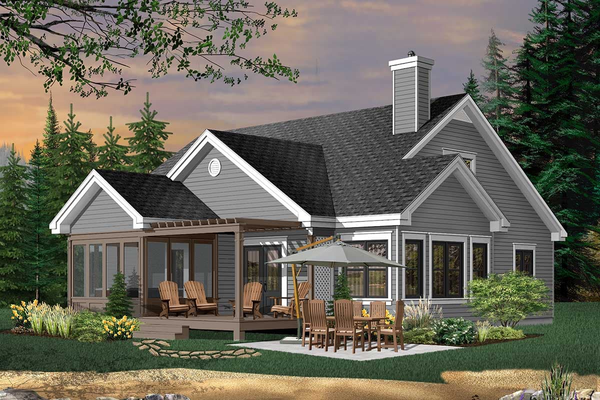 House plan exterior: Gable rooflines, front gables, chimney, and screened porch with deck.