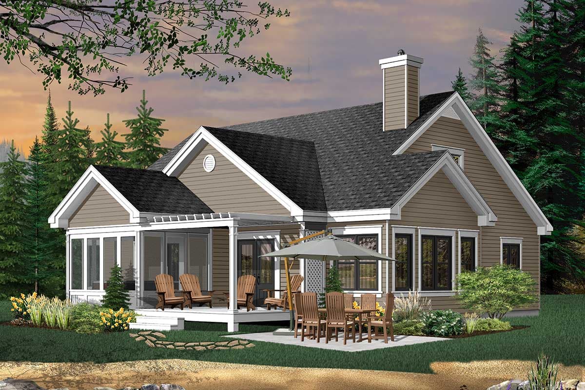 House plan exterior: Single-story, taupe siding, gabled roof, covered porch, chimney, and patio with seating.
