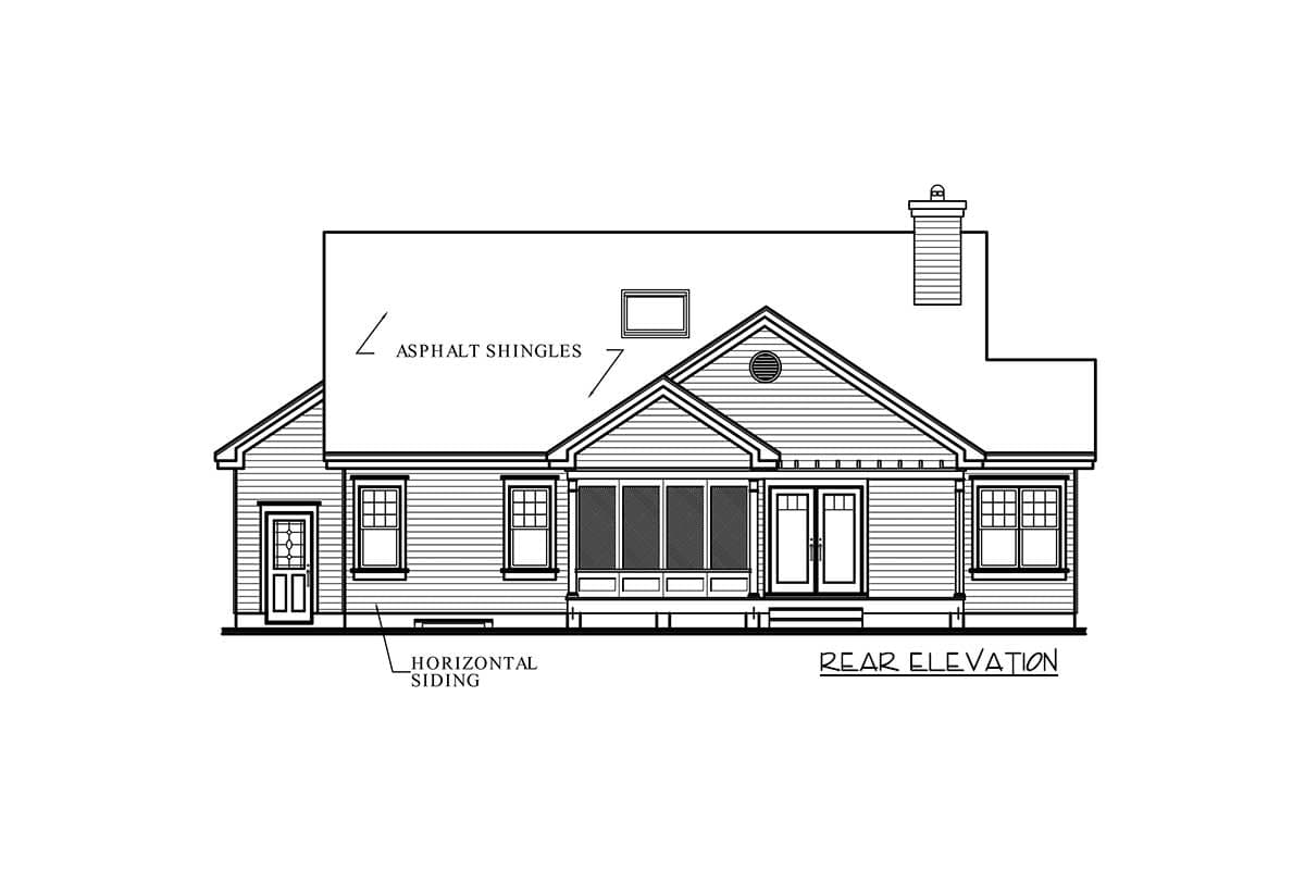 Rear elevation of a house plan with horizontal siding, asphalt shingles, a sunroom, and a chimney.