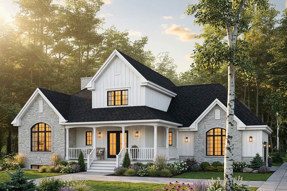 House plan exterior. Two-story, stucco and stone facade. Features include a front porch with columns, multiple gables, and a dark shingle roof.