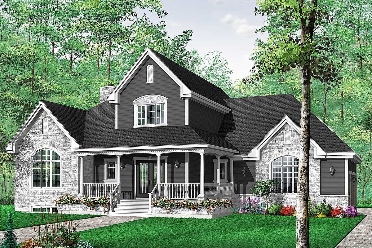 House plan exterior: Two-story home with a wrap-around porch, stone accents, arched windows, and multiple gables.