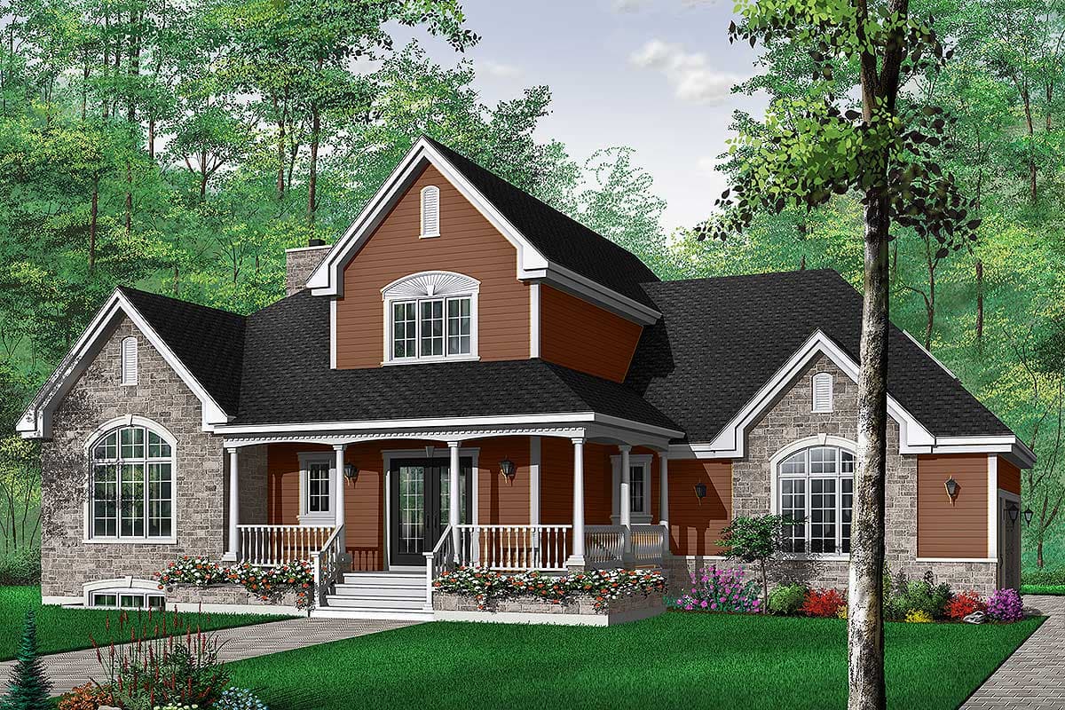 House plan exterior: Two-story home with stone accents, prominent gables, dormers, and a wraparound porch.