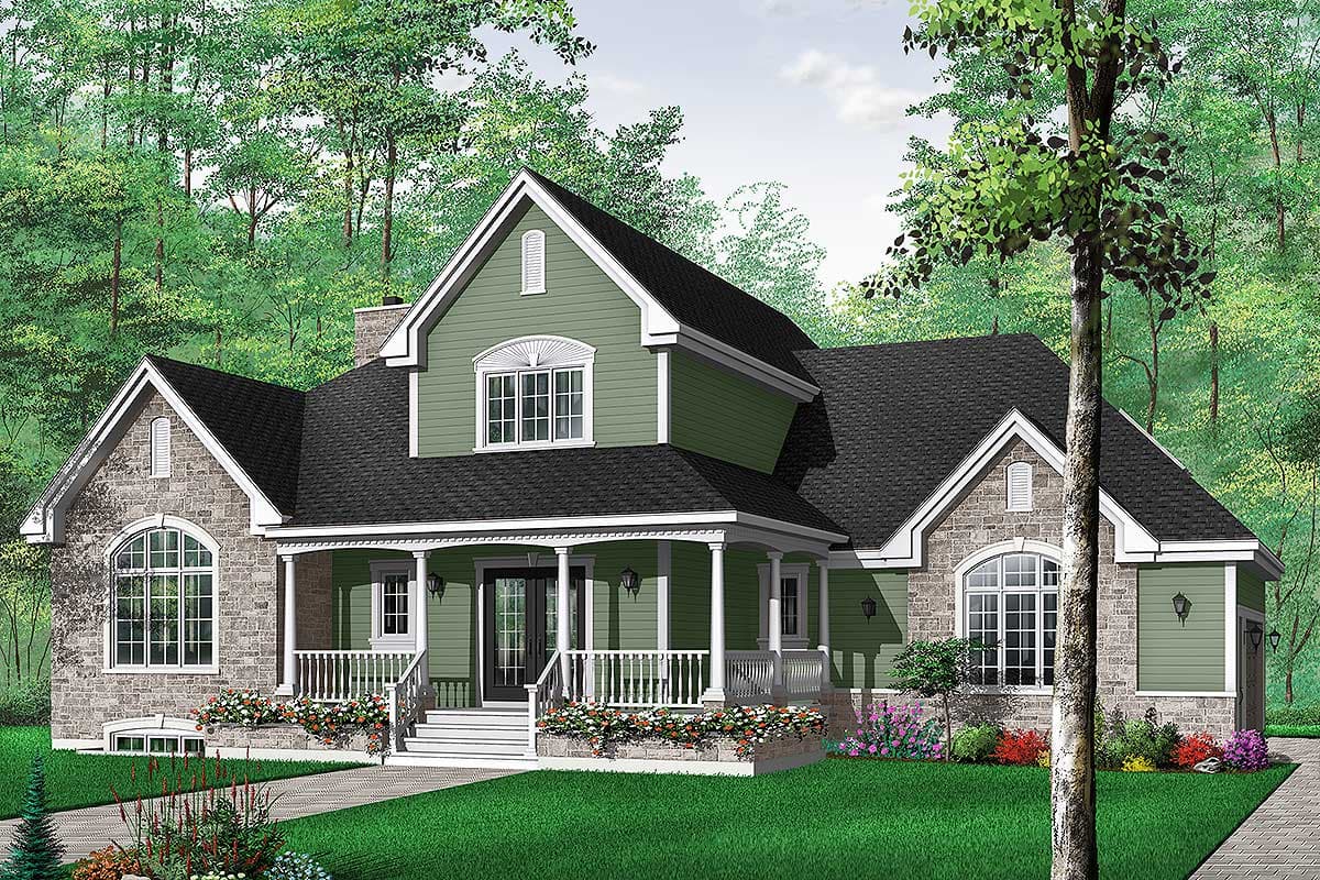 House plan exterior of a two-story home featuring stone accents, a covered porch with columns, arched windows, and multiple gables.