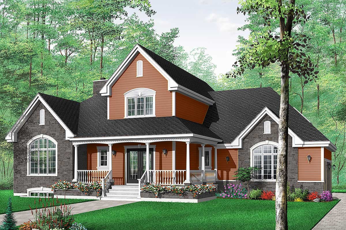House plan exterior: Two-story home with stone accents, a covered porch with columns, and multiple gables.