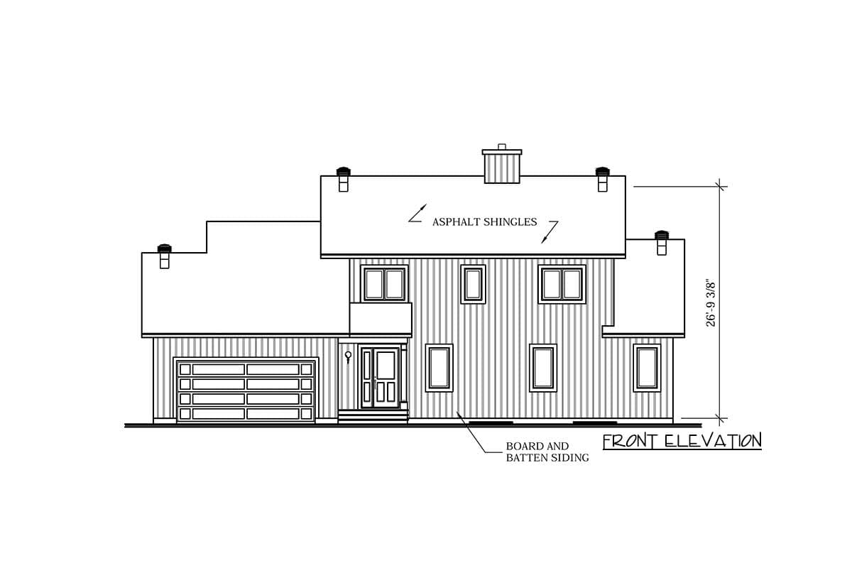 Front elevation house plan with asphalt shingles, board and batten siding, integrated garage, and multiple gables.