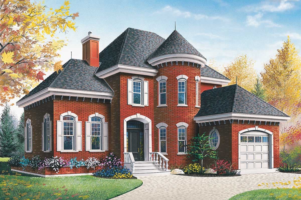 House plan exterior featuring a brick two-story home with a turret, gabled rooflines, prominent chimney, and attached garage.