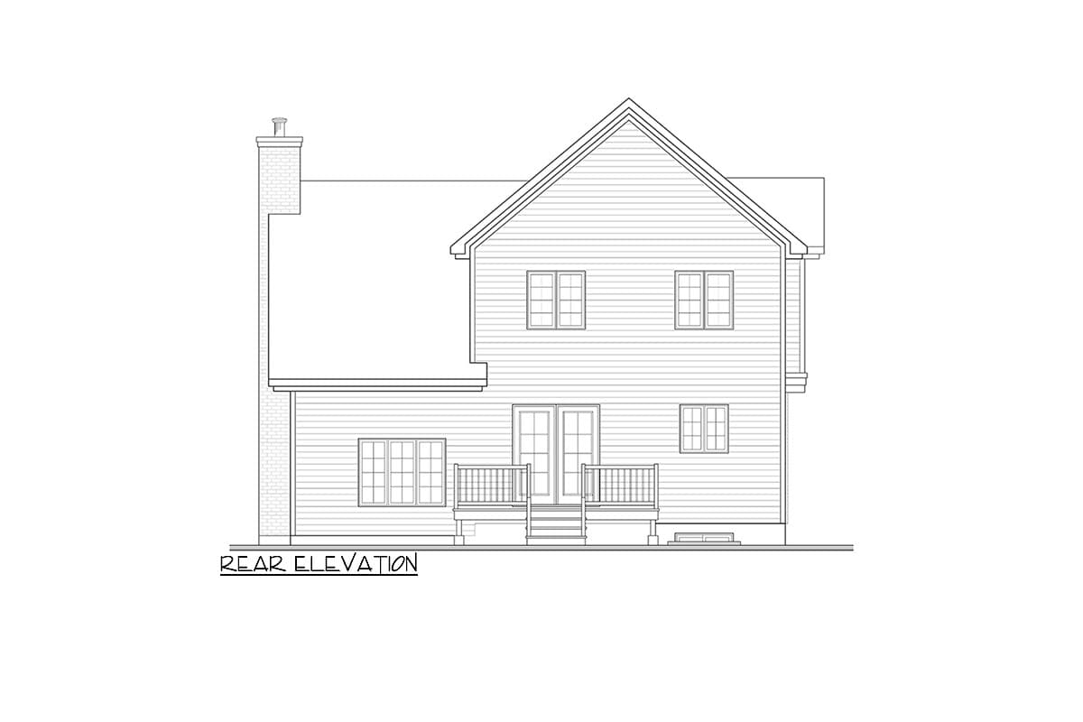 Rear elevation drawing of a two-story house with a gable roof, siding, brick chimney, and a deck with French doors.