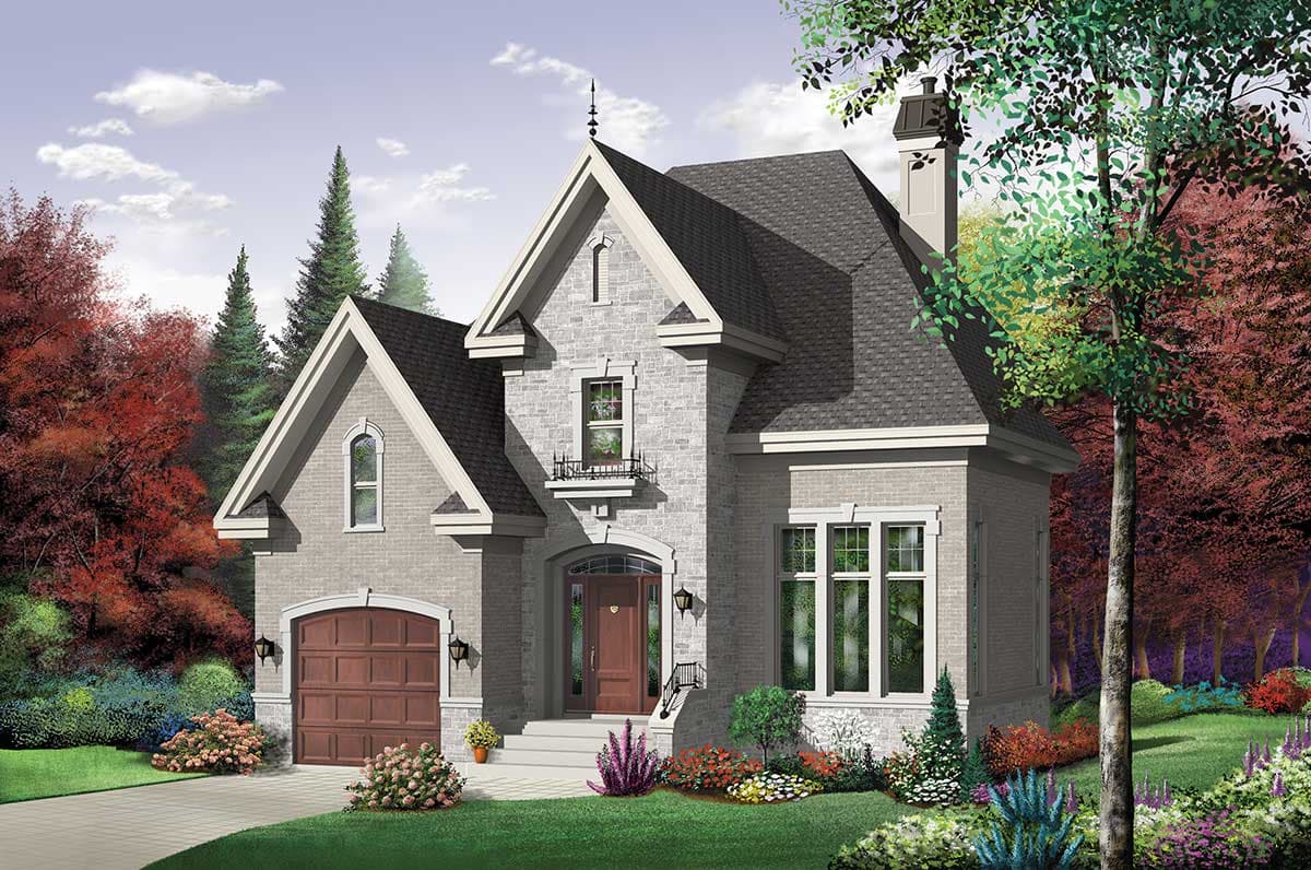 House plan exterior of a two-story home with brick facade, prominent gables, arched garage door, and central dormer with small Juliet balcony.
