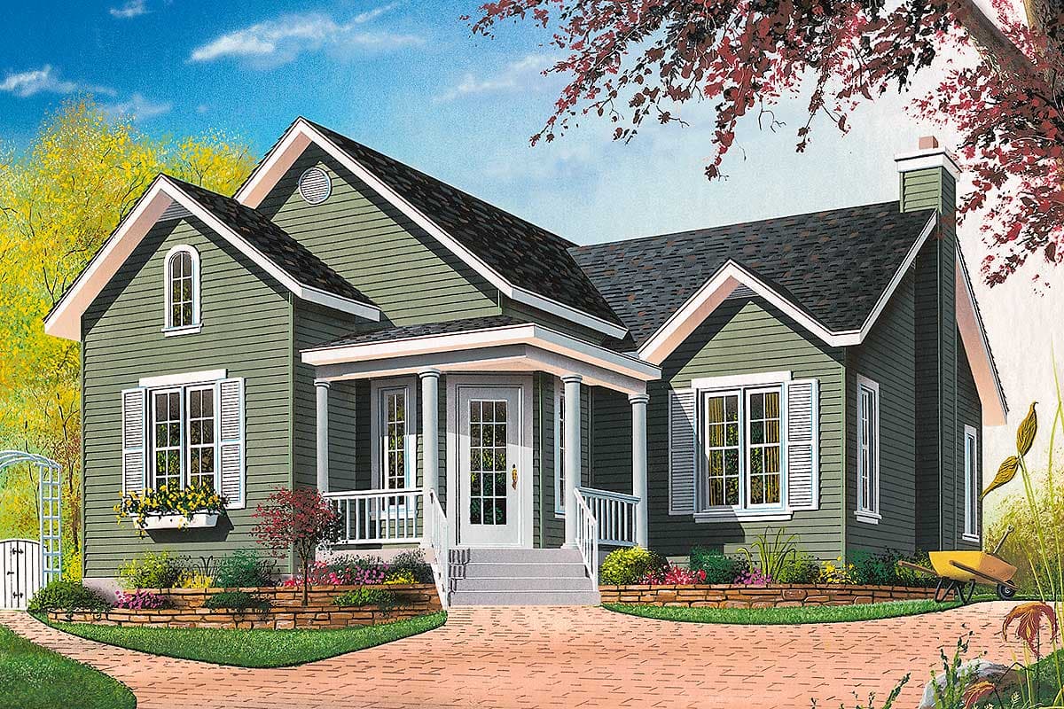 House plan exterior: One-story Traditional style with gabled dormer, covered porch with columns, and multi-pane windows.