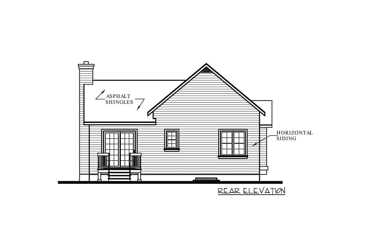 Rear elevation house plan showing horizontal siding, asphalt shingles, double doors, and a chimney.
