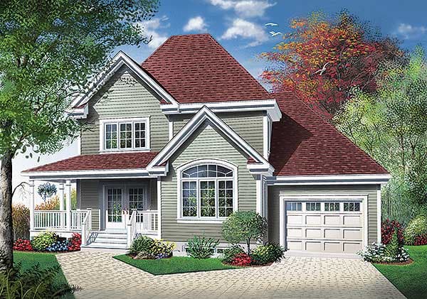 Two-story house plan exterior with a covered front porch, gables, arched window, and attached garage.