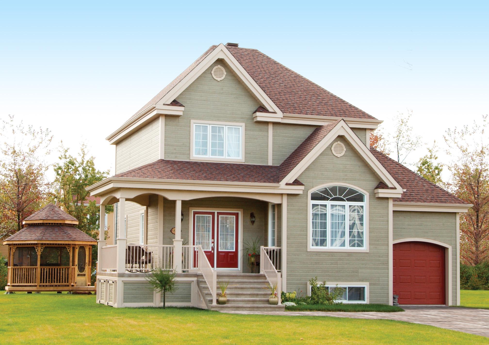 House plan exterior with a covered porch, double red doors, arched window, gabled dormers, and attached garage.
