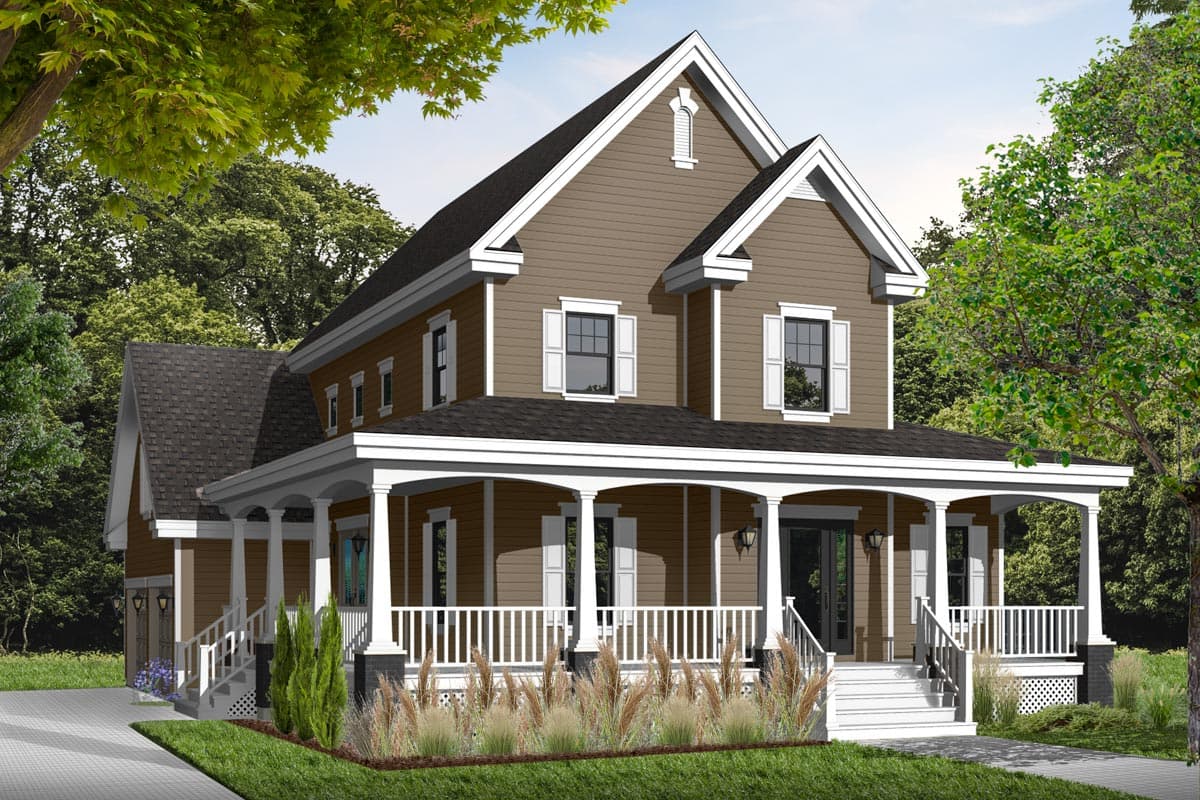 House plan exterior. Two-story Colonial with a wraparound porch, gabled roof, and white trim. Includes window shutters and a front entry.