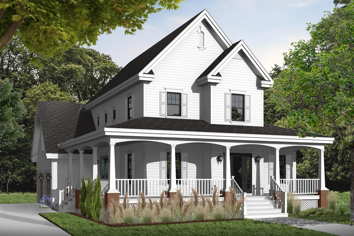House plan exterior: Two-story Modern Farmhouse with wrap-around porch, dormer, and side-entry garage.