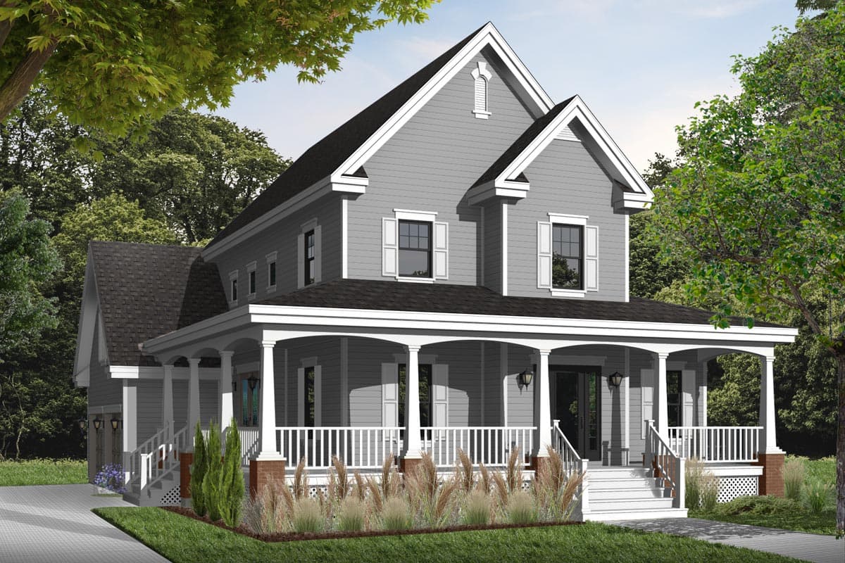 Two-story house plan exterior with wraparound porch, gables, and dormers.