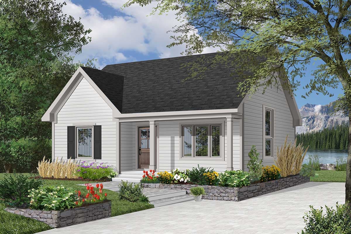House plan exterior with gable roof, front porch, and shutters. Features include a centered entry door and multi-paned windows.