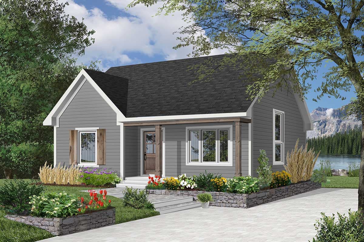 House plan exterior rendering of a one-story Modern Farmhouse with a gabled front, covered porch, and board-and-batten siding.