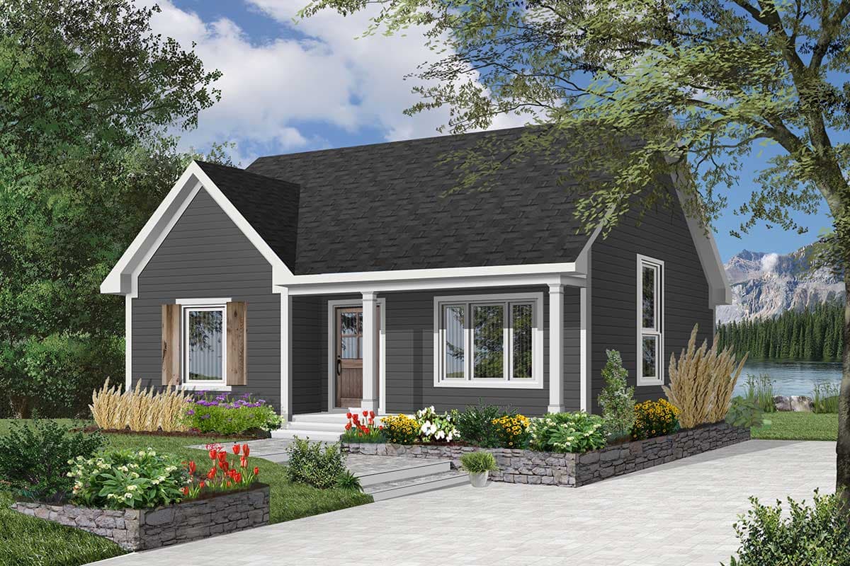 House plan exterior: One-story home with gabled front, covered porch with two columns, and prominent dormer.
