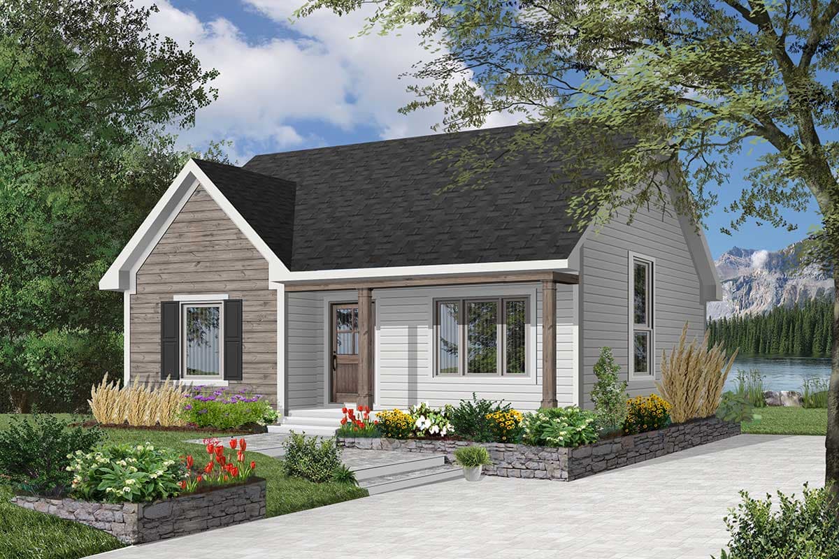House plan exterior: one-story home with a covered porch, gable end with wood siding, and white clapboard siding.