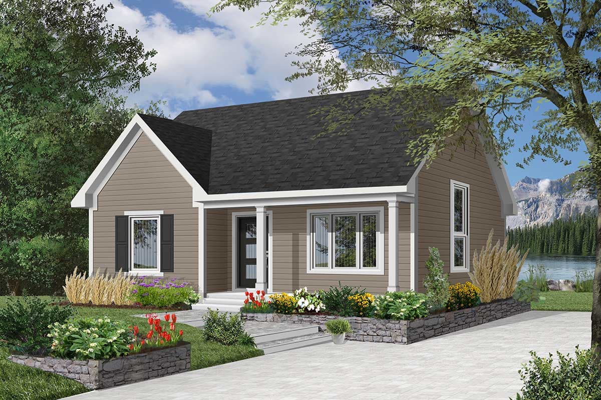 House plan exterior: one-story home with a covered front porch, gabled roofline, and horizontal siding.