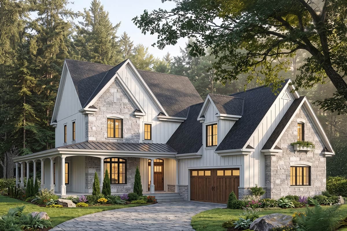 House plan exterior with two stories, stone accents, gabled rooflines, and a covered porch. Attached garage has a wood door.