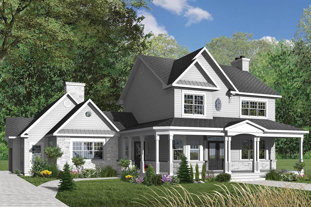 House plan exterior. Two-story home with a wrap-around porch, gabled roof, and stone facade accents. Includes dormers and a chimney.