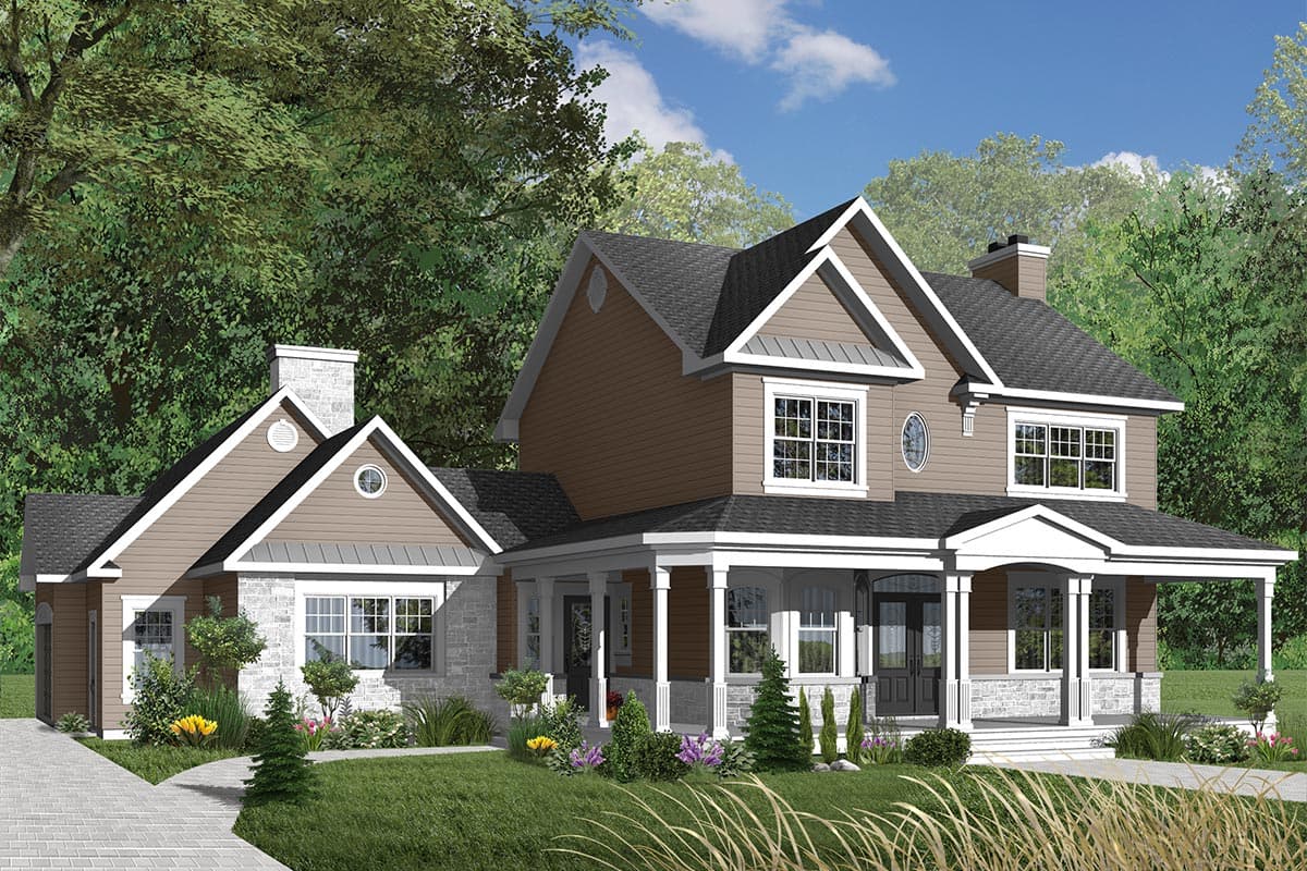 House plan exterior featuring a wraparound porch, stone accents, multiple gables, and a two-story design with a detached garage.