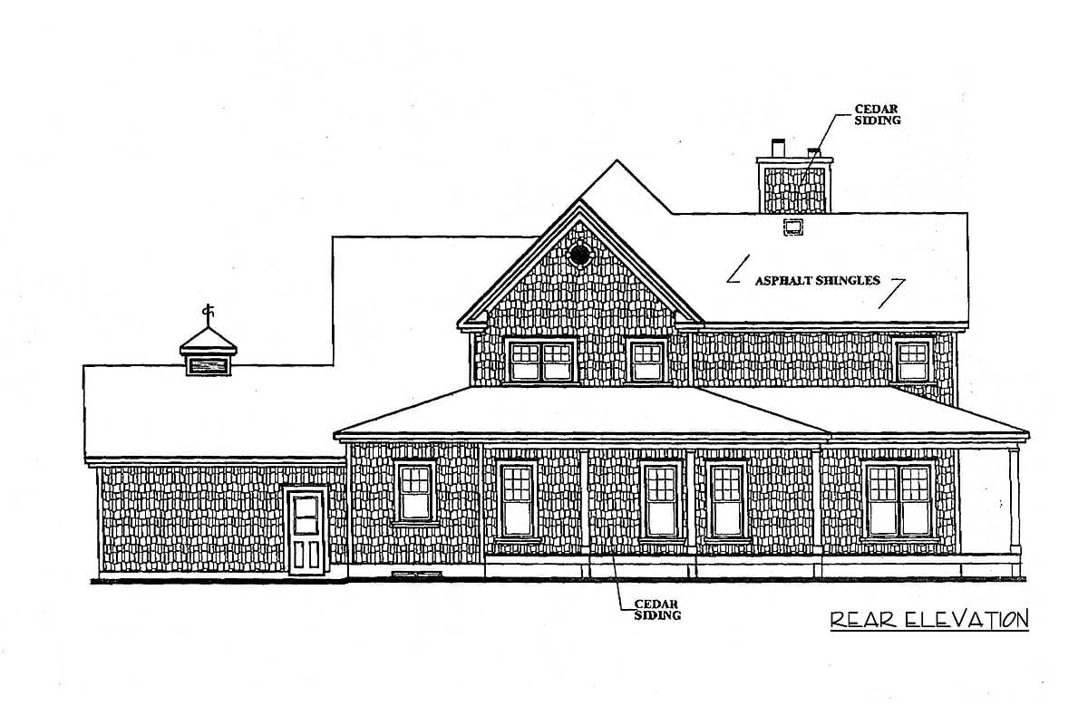 Rear elevation house plan with cedar siding, asphalt shingles, a gable dormer, and a covered porch.