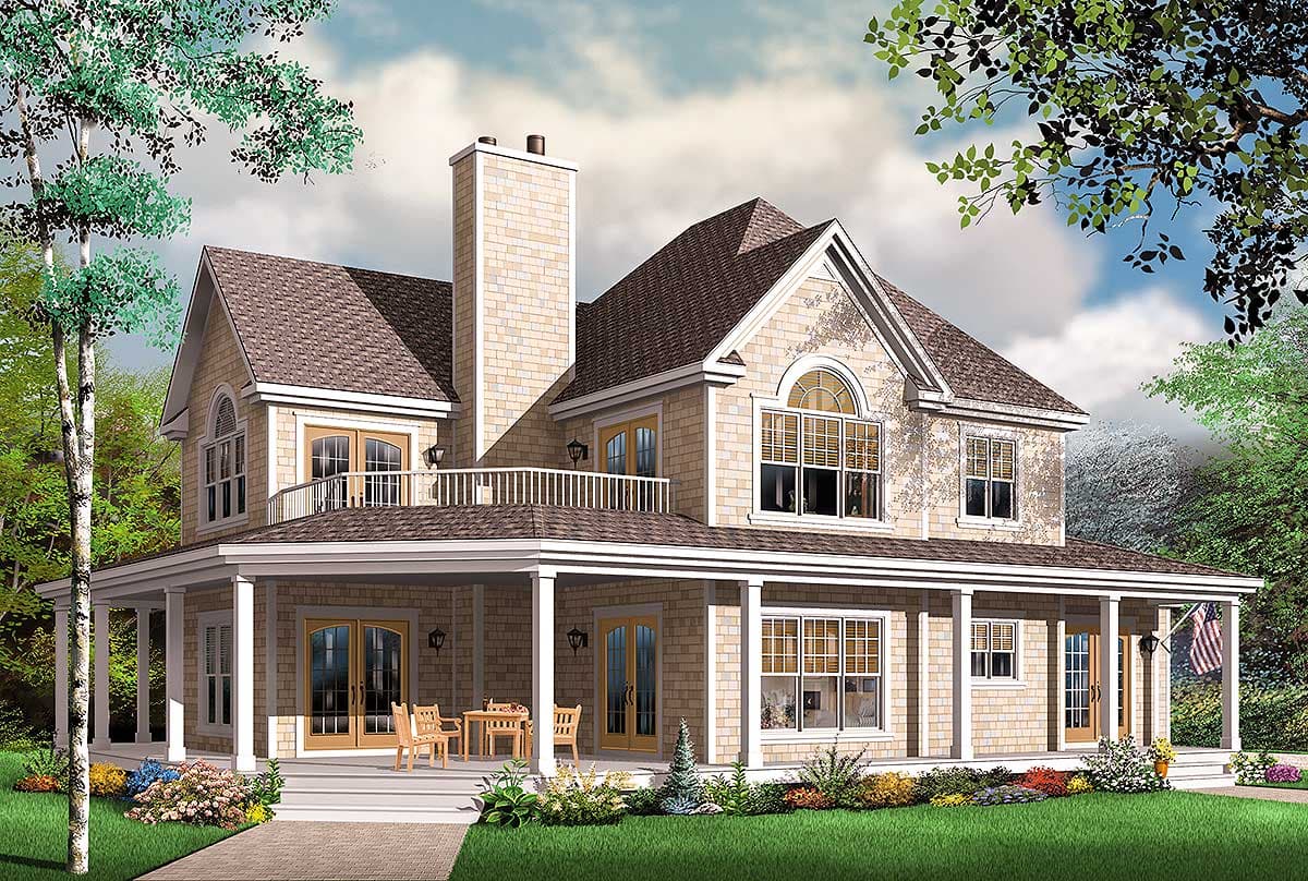House plan exterior: Two-story home with wrap-around porch, prominent brick chimney, and arched upper window.