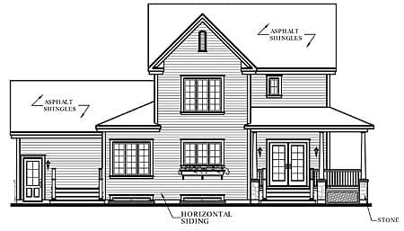House plan exterior drawing showing a two-story home with horizontal siding, a front porch with double doors, and gabled roof.