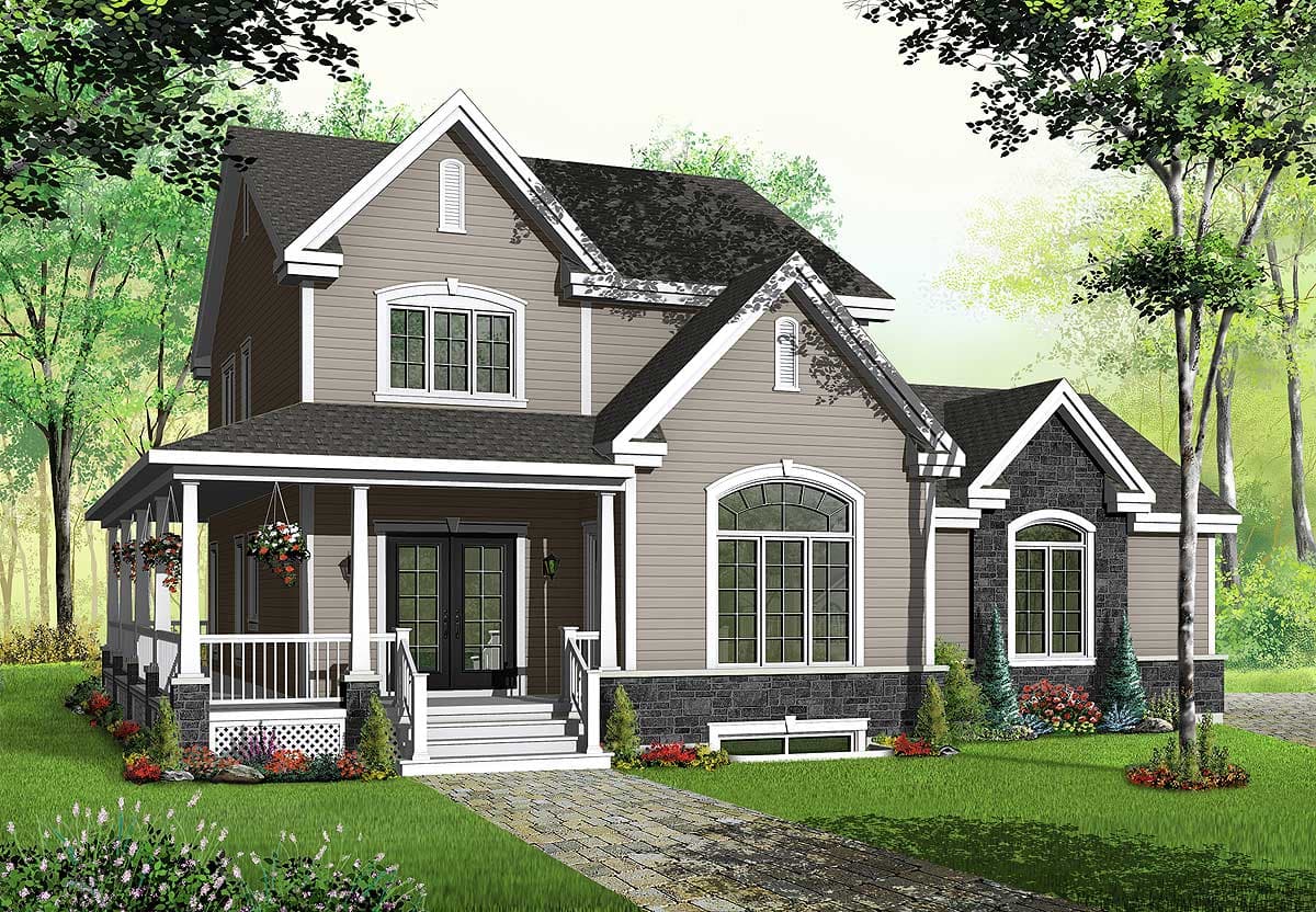 Two-story house plan exterior with a wrap-around porch, gables, dormers, and stone accents.