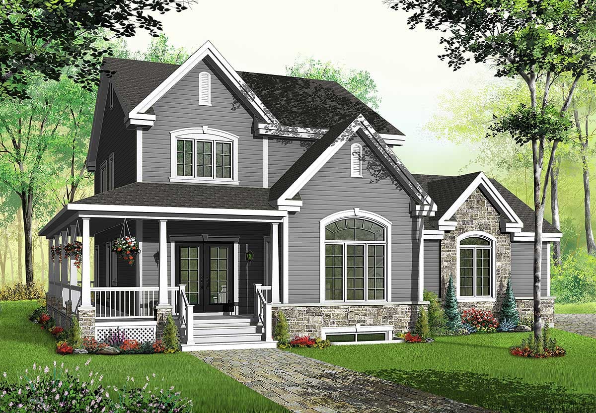 Two-story house plan exterior with wraparound porch, gabled dormers, and stone facade accents.