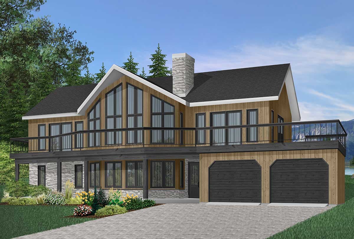 House plan exterior featuring a Modern style, two stories, a prominent stone chimney, wraparound deck, and a two-car garage.