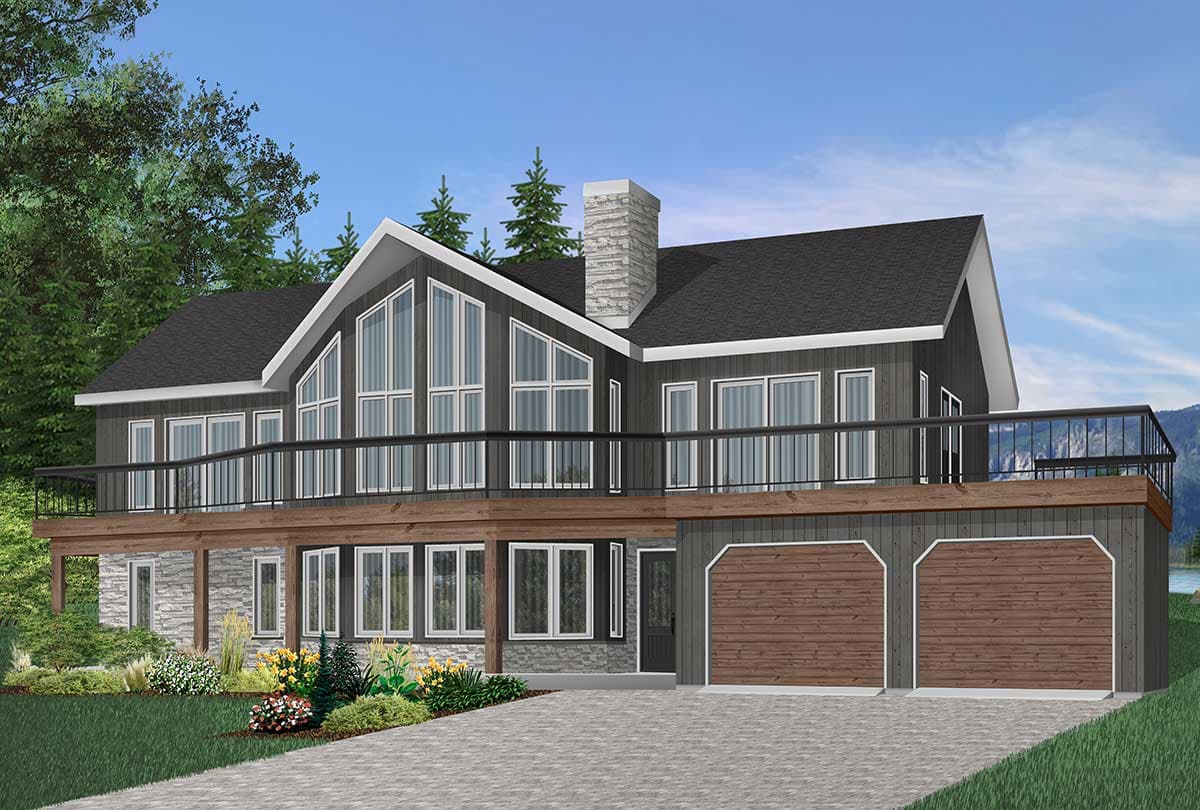 House plan exterior: Two-story Modern style with large gabled windows, wraparound deck, stone accents, and a dual garage.